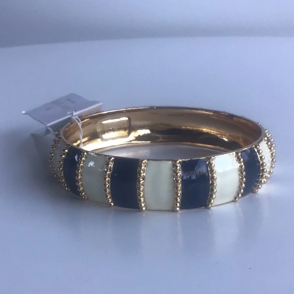 Kate Spade Gold, white ivory and Navy Striped beaded Bracelet chunky bangle - Picture 13 of 16